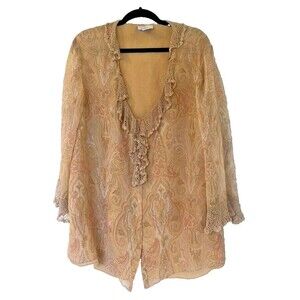 Women's Avenue Beige Tan Silk Button Up Blouse Ruffles 3/4 Plus Size 22/24